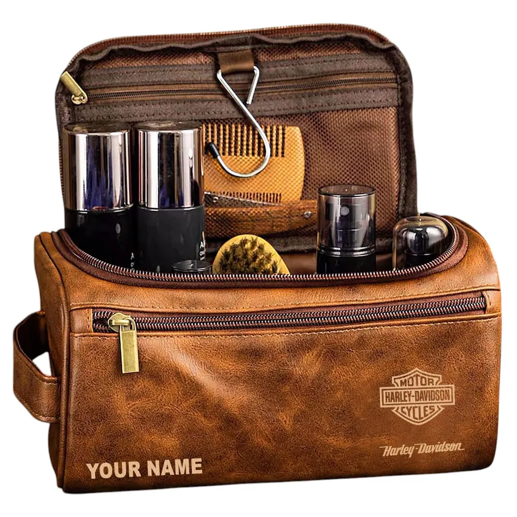 Harley Davidson Leather Toiletry Bag, All Over Print Leather Toiletry Bag - Yellow Brown CAR44105072500
