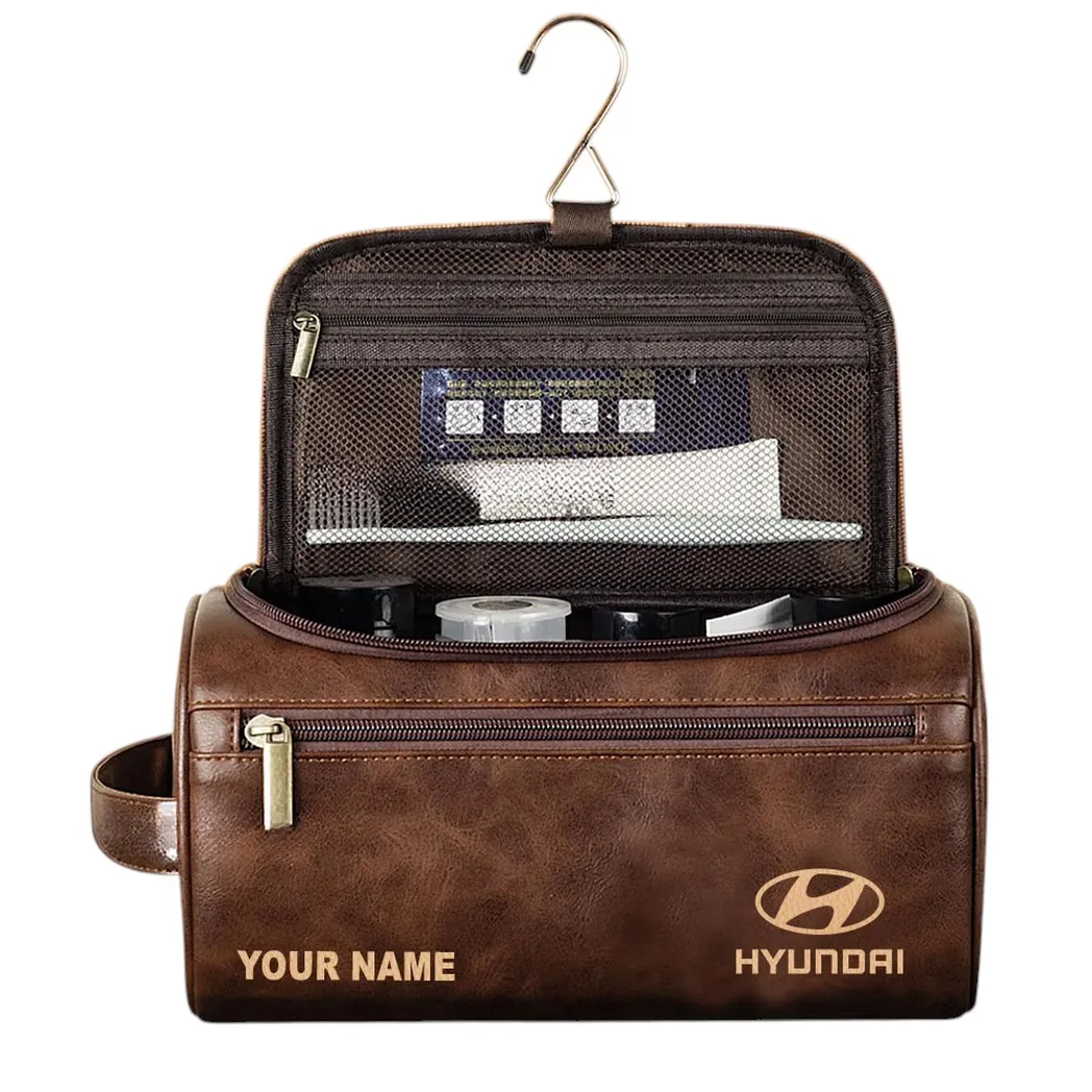 Hyundai Leather Toiletry Bag, All Over Print Leather Toiletry Bag - Dark Brown CAR44005072519