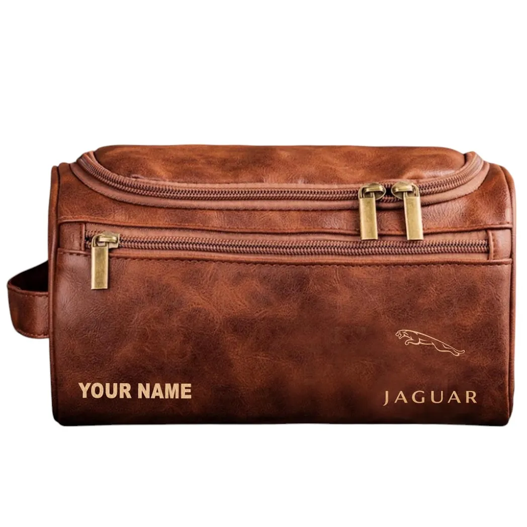Jaguar Leather Toiletry Bag, All Over Print Leather Toiletry Bag - Red Brown CAR44005072520