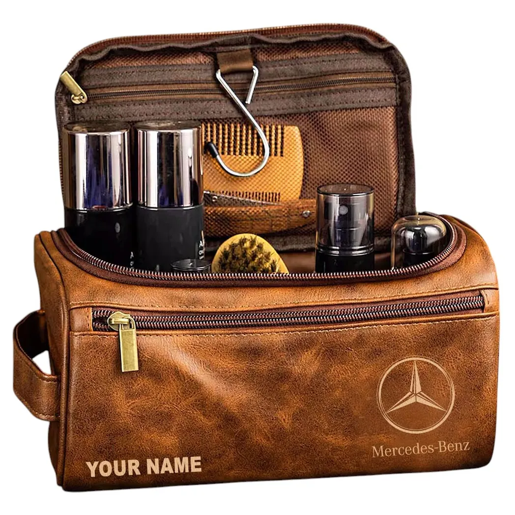 Mercedes Benz Leather Toiletry Bag, All Over Print Leather Toiletry Bag - Yellow Brown CAR44005072503