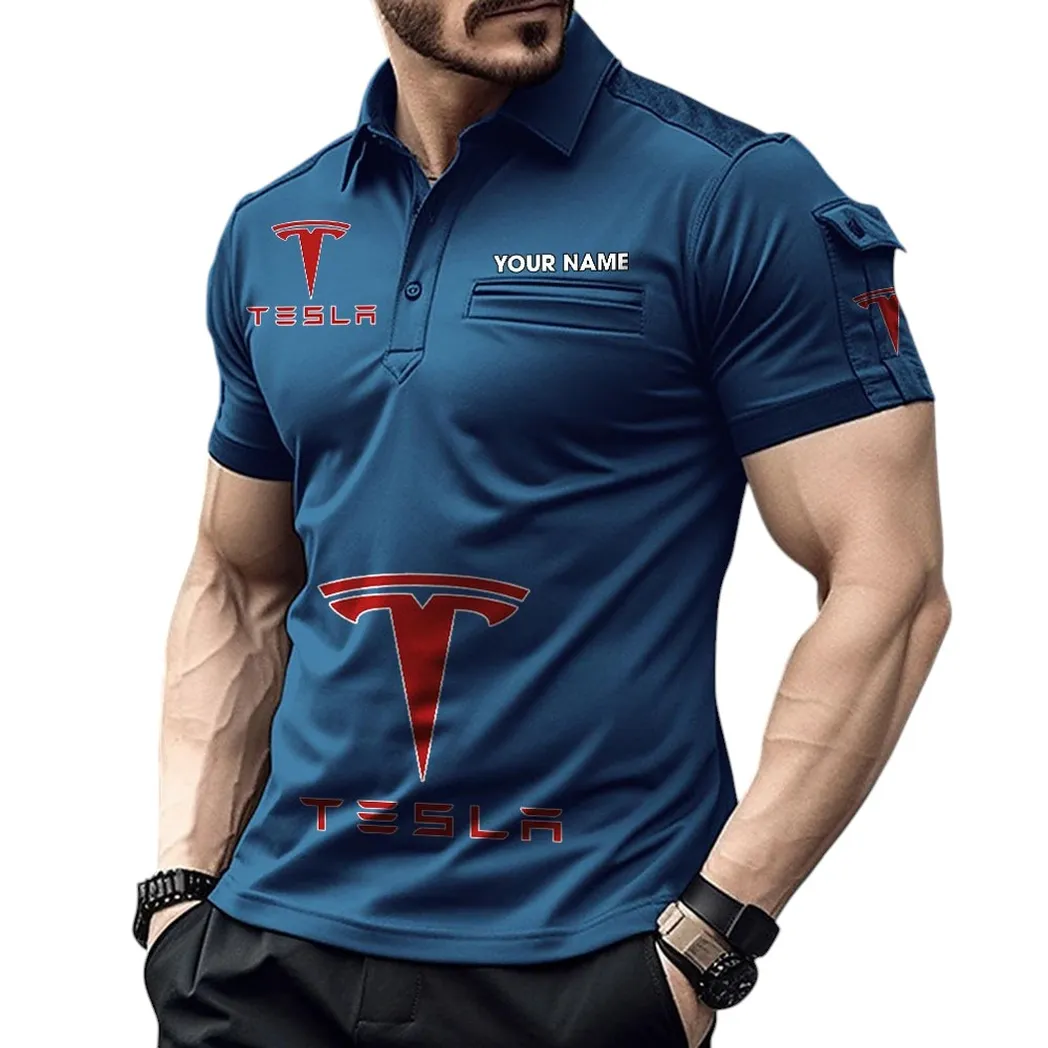 Tesla Pocket Polo Shirt, All Over Print Shirt For Tesla Fan CAR450051325395 - Navy Blue