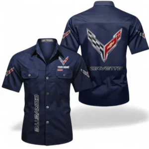 Car Fans Gift Short Sleeved Shirt, Button up Shirt All Over Print For Car Owners, Custom Name CAR392072125811-Dark Blue