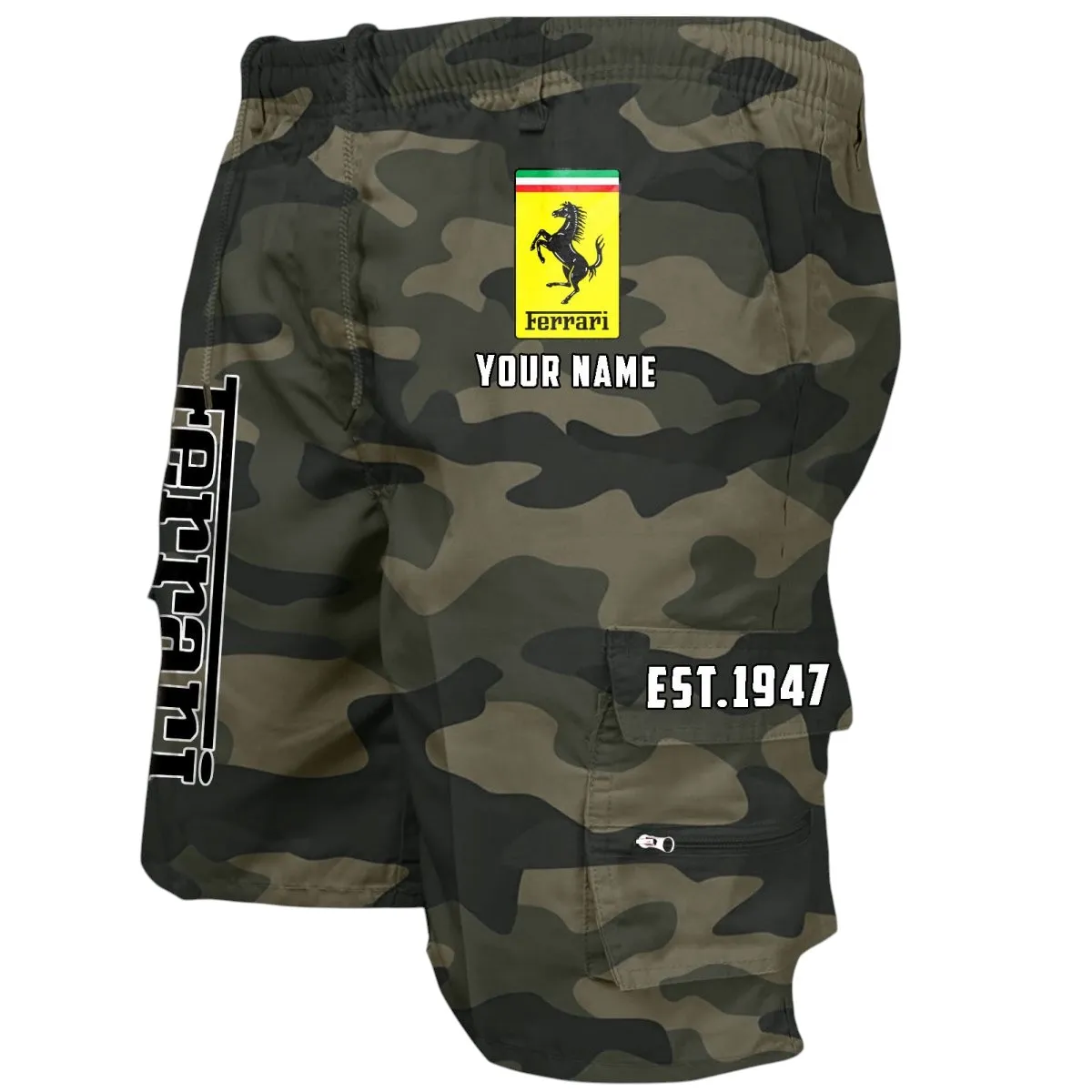 Sport Car Fans Gift Workwear Casual Shorts, Shorts Pants Style Classic Gift For Sport Car Fan, Custom Name CAR455060425263 - Green Camouflage
